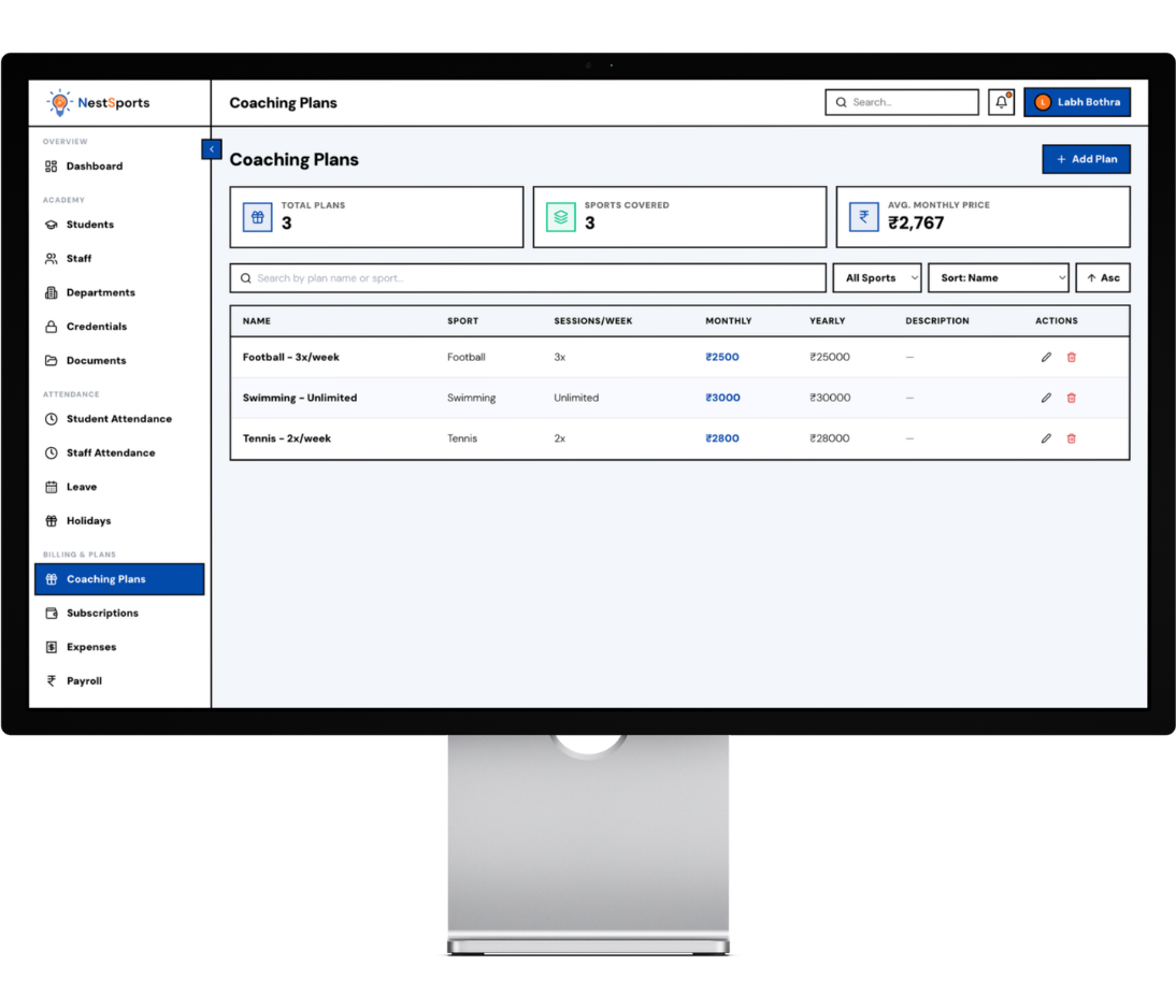 Coaching Plans Management in Pixelate Sports Manage