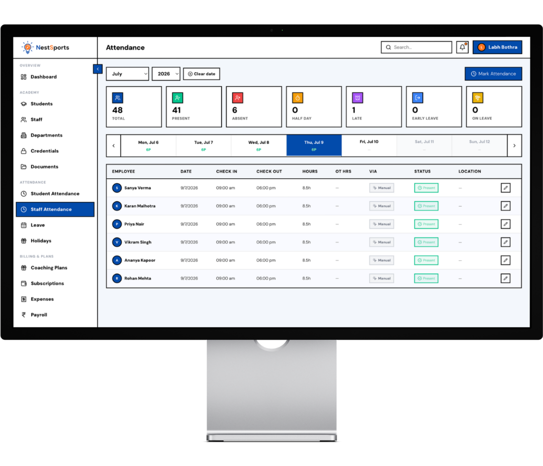 Employee and Coach Attendance in Pixelate Sports Manage