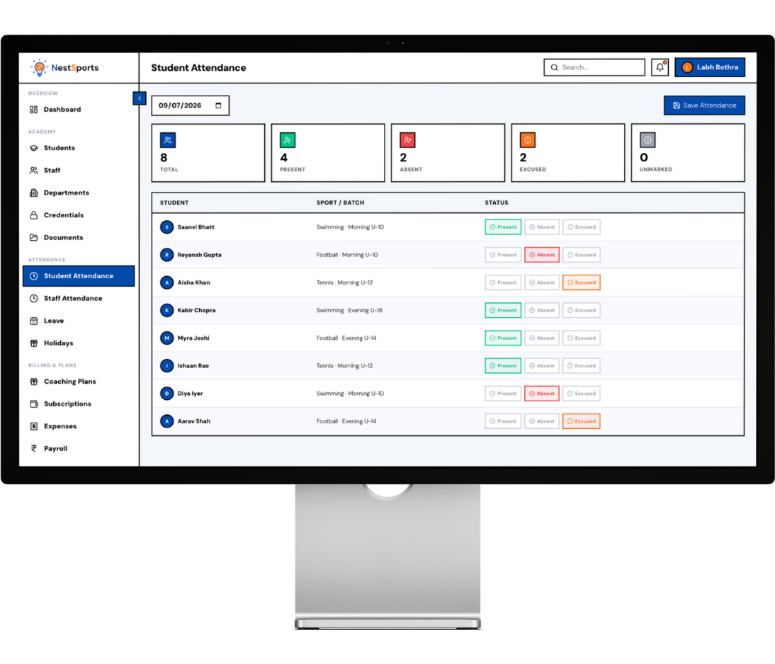 Student Attendance in Pixelate Sports Manage