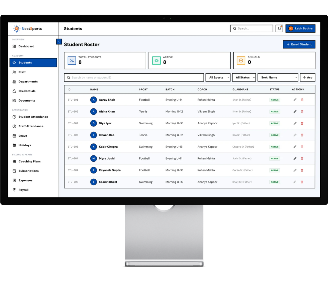 Student Management in Pixelate Sports Manage