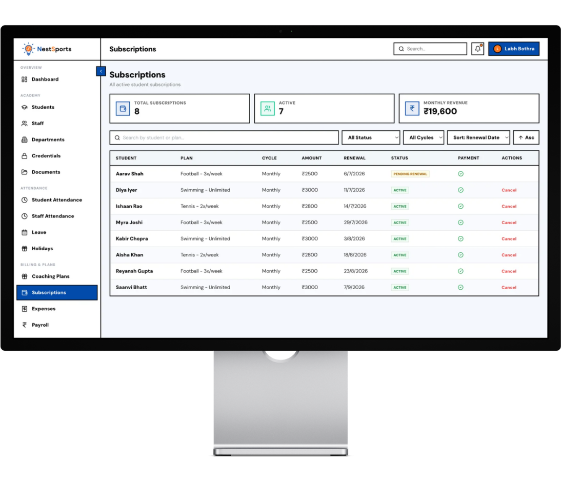 Subscriptions Management in Pixelate Sports Manage